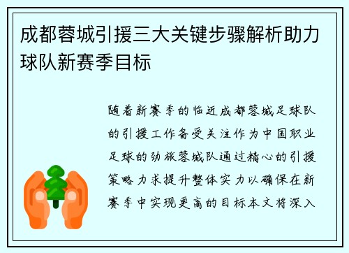 成都蓉城引援三大关键步骤解析助力球队新赛季目标