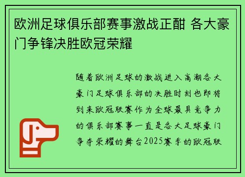 欧洲足球俱乐部赛事激战正酣 各大豪门争锋决胜欧冠荣耀