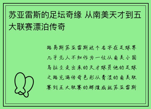 苏亚雷斯的足坛奇缘 从南美天才到五大联赛漂泊传奇 苏亚雷斯的足坛奇缘 从南美天才到五大联赛漂泊传奇