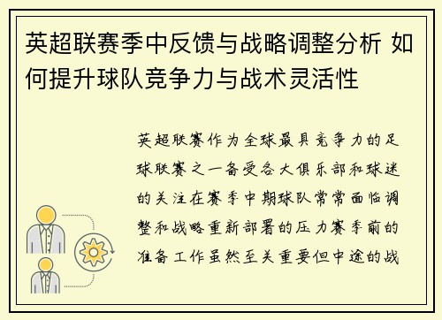 英超联赛季中反馈与战略调整分析 如何提升球队竞争力与战术灵活性 英超联赛季中反馈与战略调整分析 如何提升球队竞争力与战术灵活性
