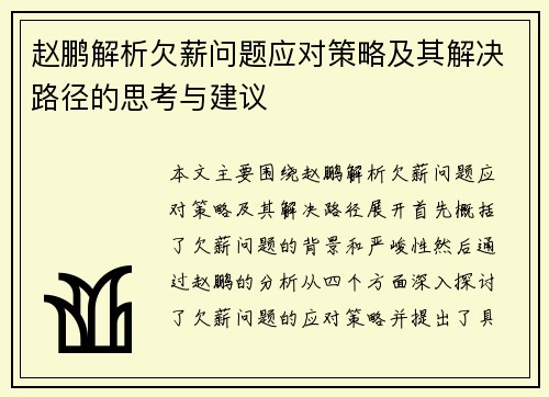赵鹏解析欠薪问题应对策略及其解决路径的思考与建议 赵鹏解析欠薪问题应对策略及其解决路径的思考与建议